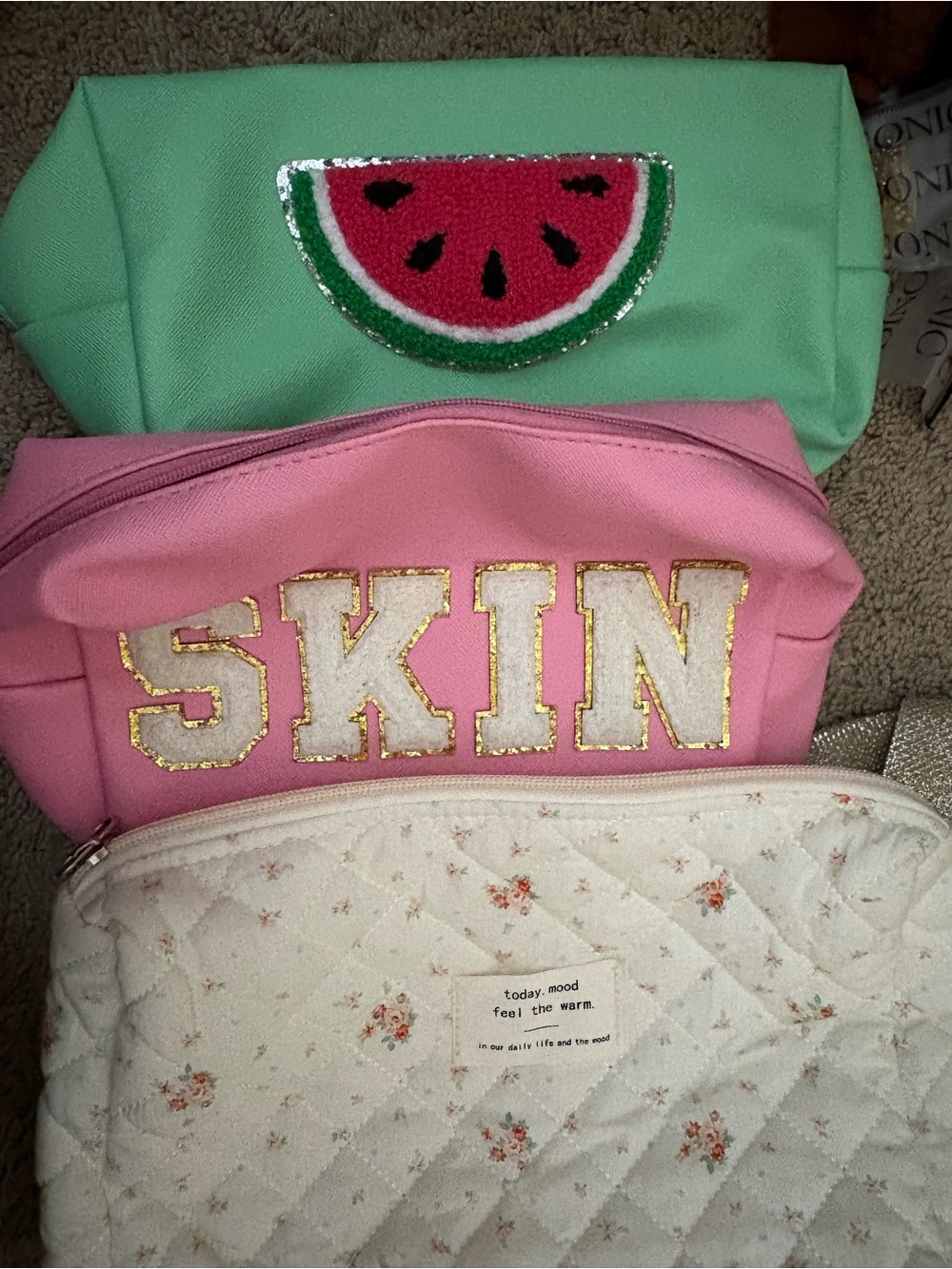 Set of 3 Cosmetic Pouches - Mint, Pink & Quilted Cream Floral